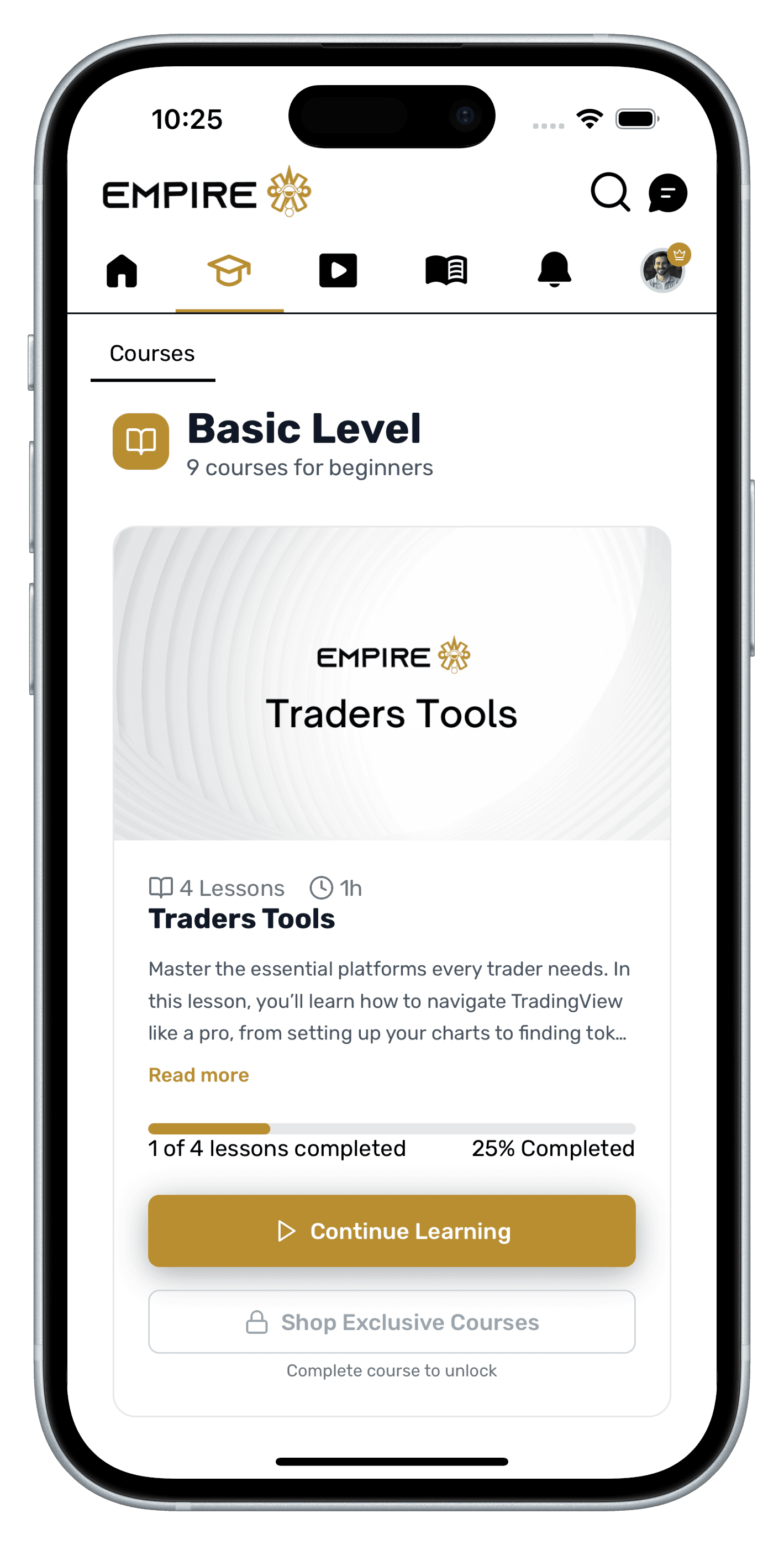 Empire Trading app — courses screen