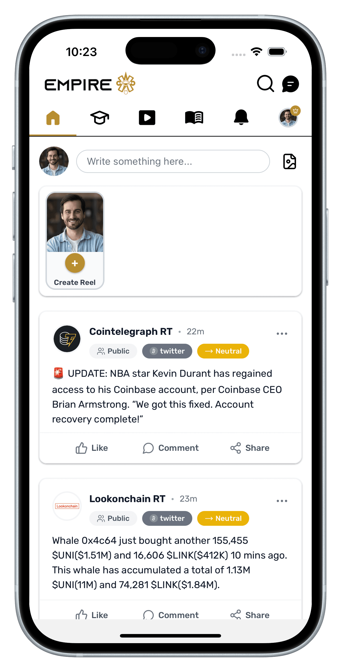 Empire Trading app — social feed screen