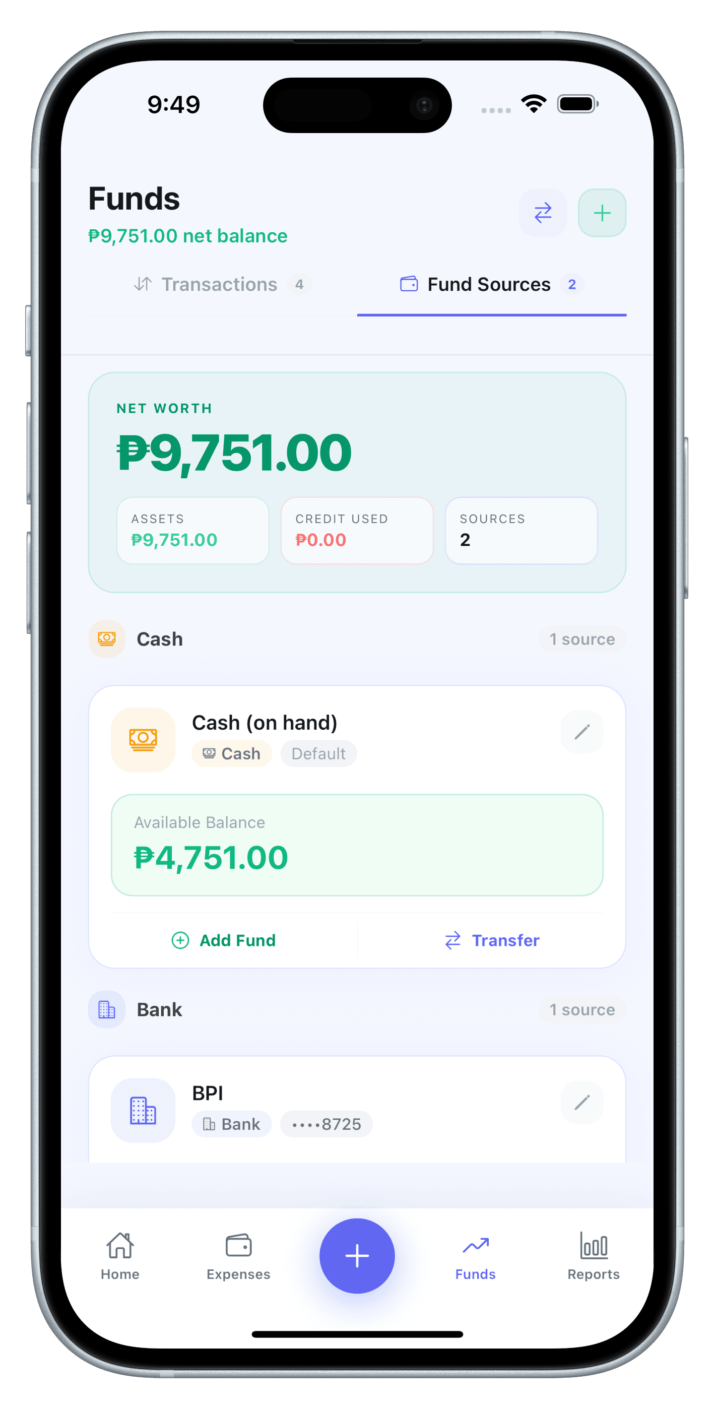 Fundara funds screen showing net balance and fund sources