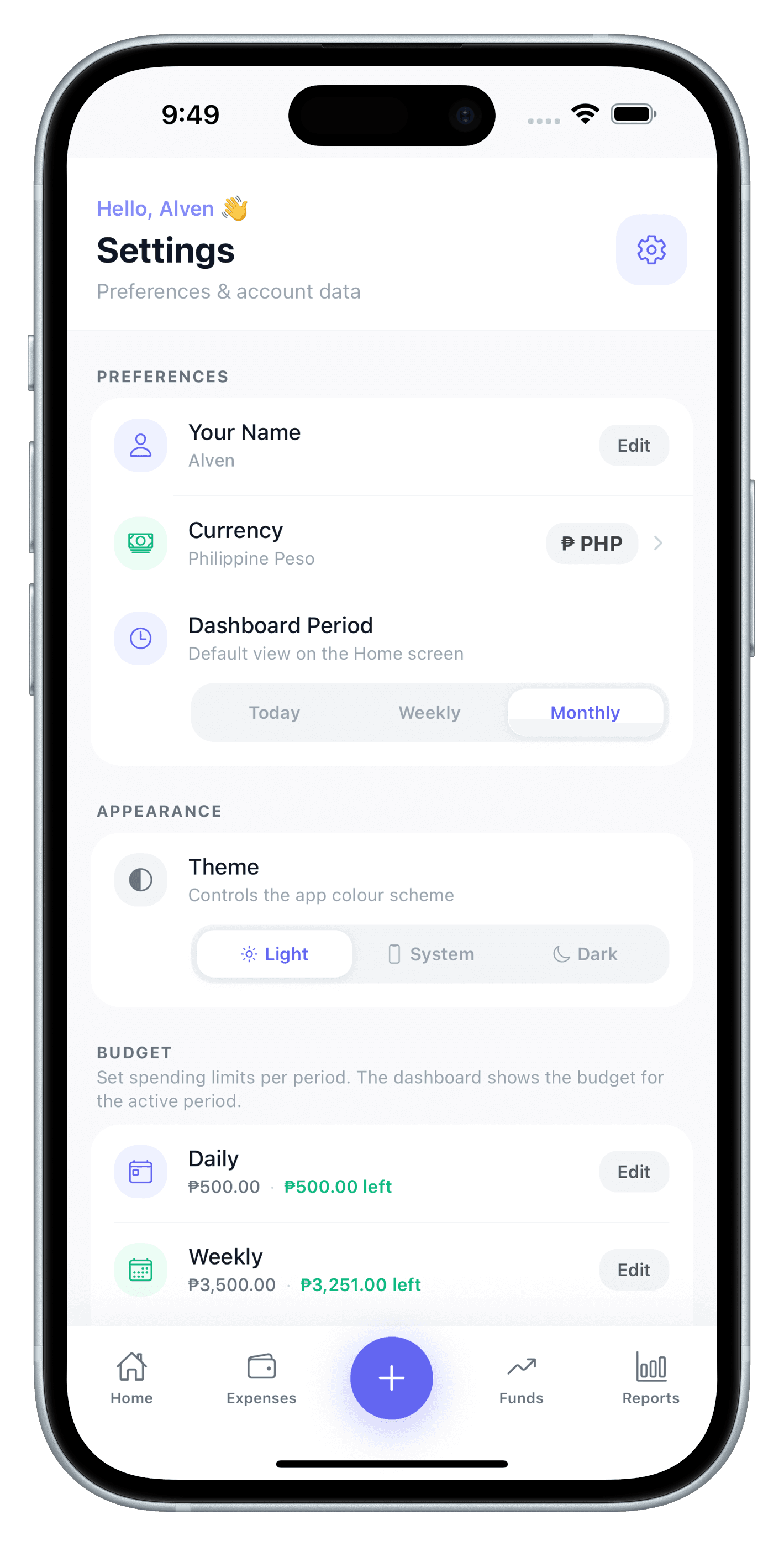 Fundara settings screen showing preferences and theme options